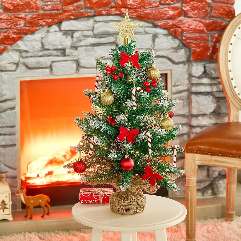 2ft Mini Christmas Tree with LED Lights, Burlap Base & Star Topper for Table Desk Decor