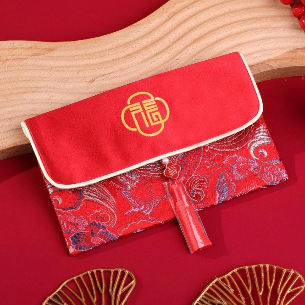 Nádherné požehnané slova Brokátová červená obálka Nejlepší přání Vyšívání Hongbao Třásně Šťastný Nový rok Červené kapsy Maturitní večeře