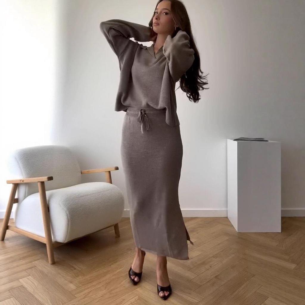 Podzim 2025 Evropský a americký styl Dámský pletený top s límečkem a midi sukně set