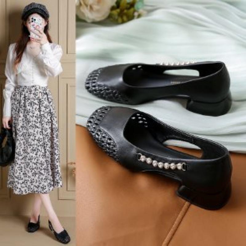 Fashion 2025 Spring and Autumn Woven Sandals Women's New Versatile Hollow Block Heel Single Shoes