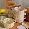 Cute Ceramic Double-Ear Noodle Bowl with Lid
