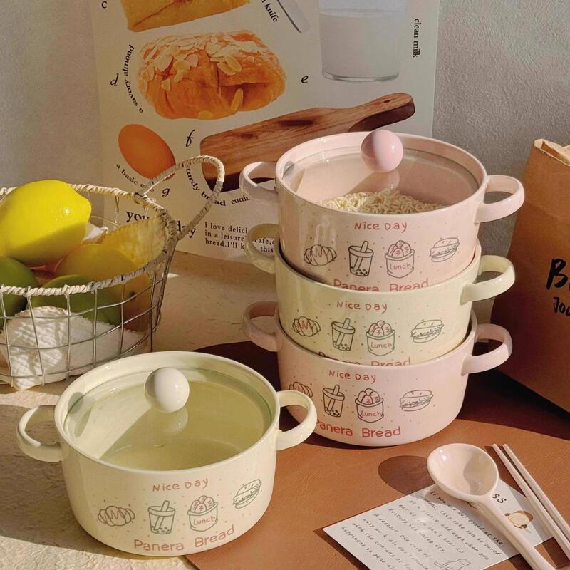 Cute Ceramic Double-Ear Noodle Bowl with Lid