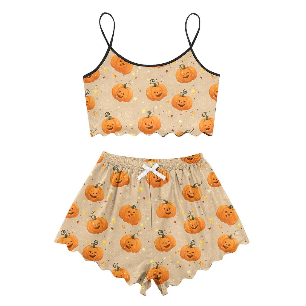 Women's Halloween Set With Retro Floral Print Suspender Sleeveless Vest Shorts Pajama Set
