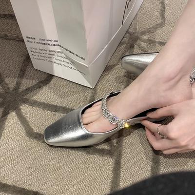 French Small Square Head One-word Diamond Strap Leather Muller Shoes Inner Height Increase Thick-soled Half Slippers Women's Cool Slippers