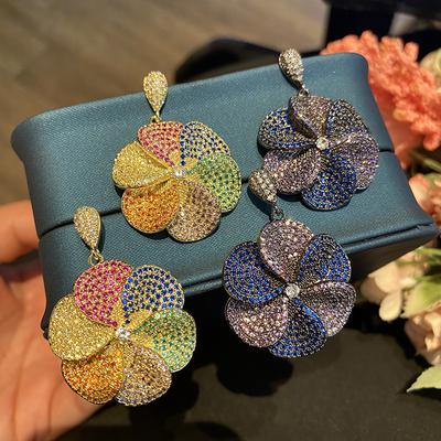 Banquet Personality Dangle Earrings Heavy Industry Earrings Female Windmill Color Cubic Zirconia Mixed Color Petal Earrings