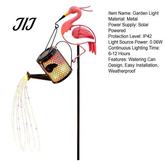 Romantic Garden Art Sculptures Solar Flamingo Watering Can Light, Powered LED Waterproof Warm Yellow Red Pink Night Lights Pathway Light with