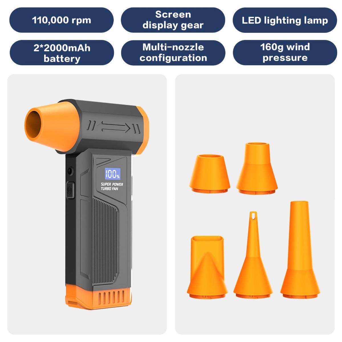 

2026 New Brushless Motor Turbo Fan Jet Fan Turbo Air Blower 4000mAh 110000RPM Handheld Portable Blower Cleaner 4 Speed Home Outdoor BBQ Orange 5 nozzles
