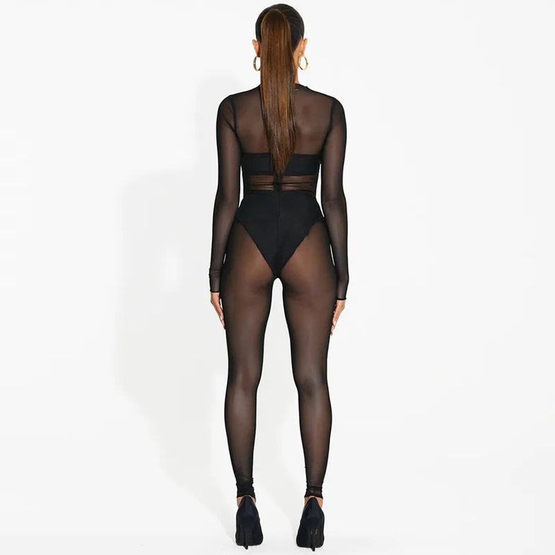 Tuta da donna sexy a rete con maniche lunghe, stile europeo-americano, trasparente