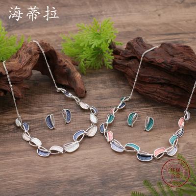 New Color Painting Oil Geometric Petal Stud Earrings Necklace Set, Ladies Versatile Flower Necklace