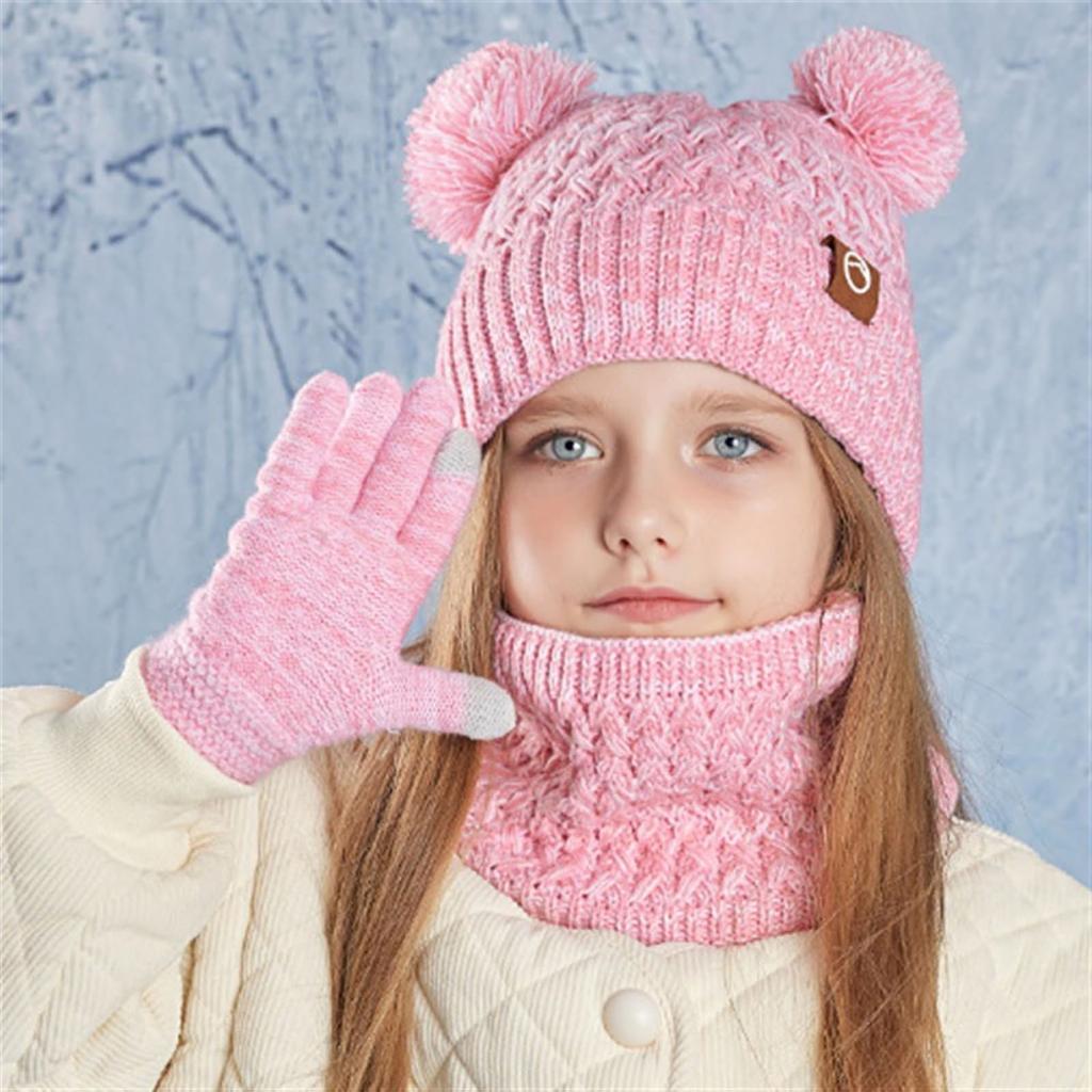 Kids Winter Hat Gloves Scarf Set, Girls Boys Pompom Hats Gloves Knit Set With Thick Fleece Lined For 4-10 Children