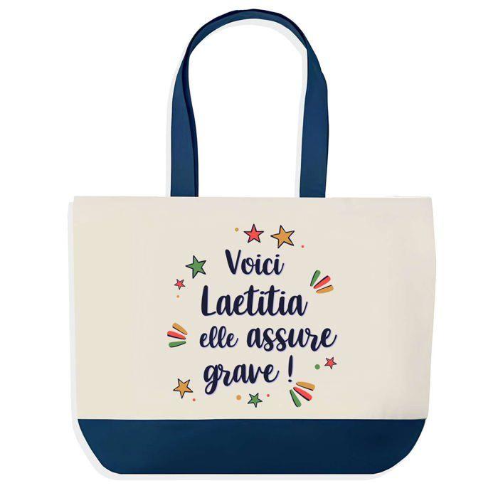Tote bag - PLANETEE - Laetitia elle assure grave - fond bleu - coton 40x45 cm - grand format