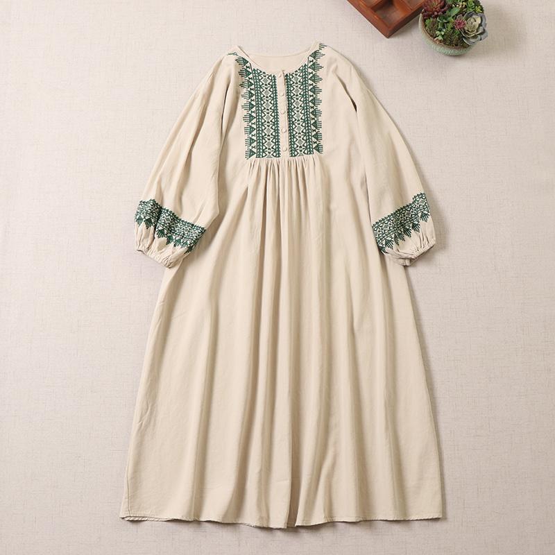 Ele Embroidered Cotton Lin Long Sve Dr Loose Fit A-Line Silhouette Maxi Skirt for Autumn Season Women's Faion