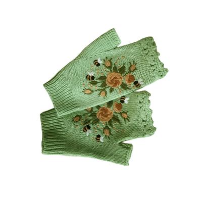 1 Pair Woman Embroidery Knitted Gloves Winter Autumn Skating Ski Riding Warm Thermal Crochet Flowers Mittens for Female
