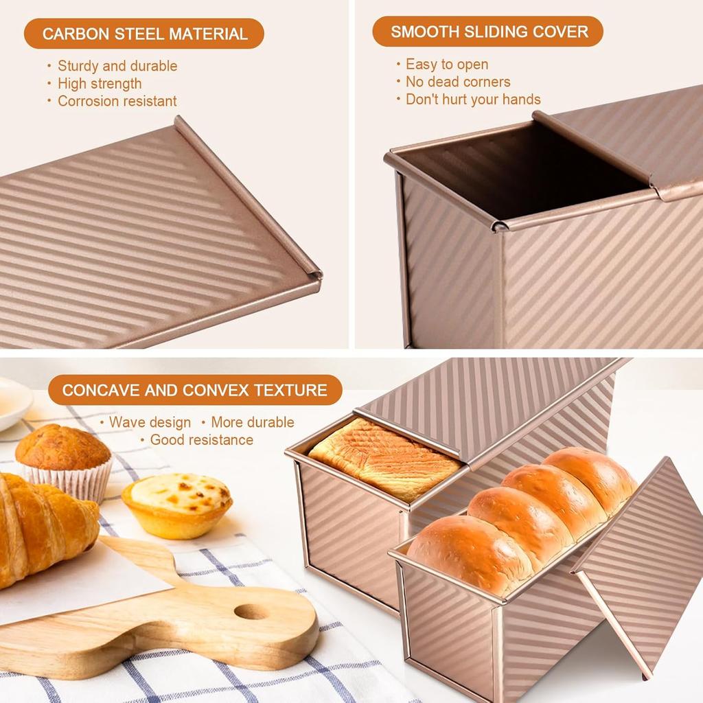 Loaf Pan Set Non Stick Carbon Steel Bread Tin with Lid 2PCS Gold