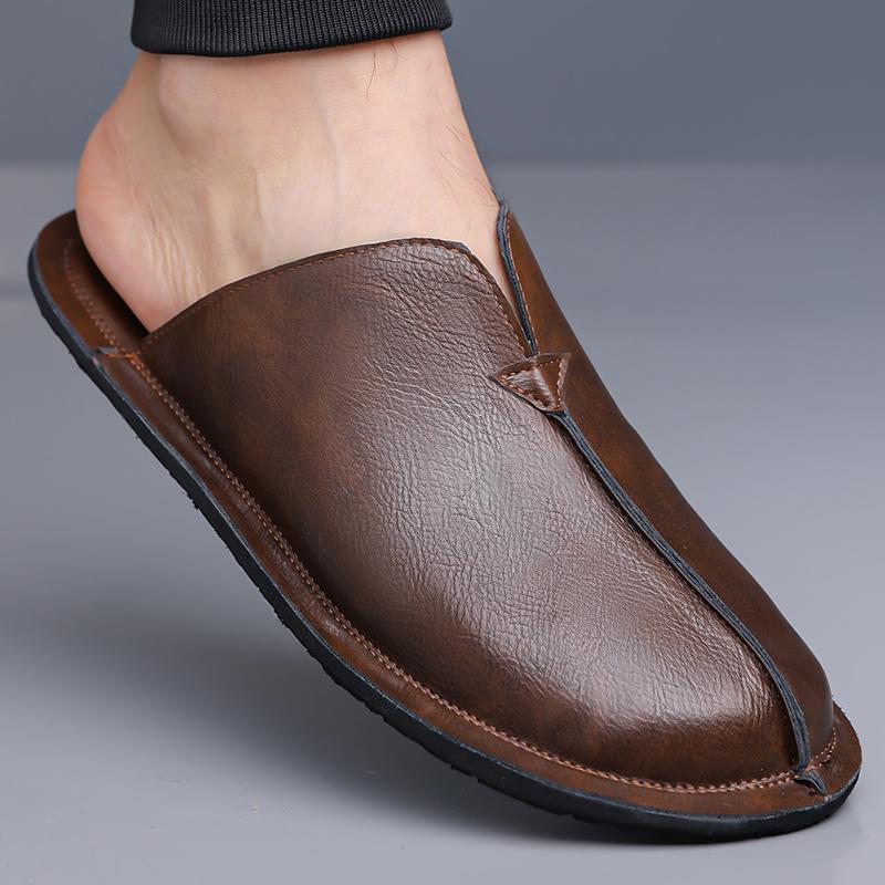 Herren Pantoffeln Handgemacht Einfache flache Sandalen Braunes Leder Schwarze Sommer Römische Sandalen Geschlossene Zehen Strand Schuhe Übergröße