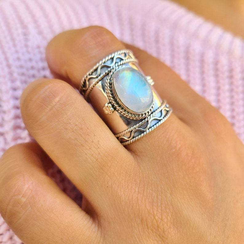 Bohemian Retro Antique Silver Moonstone Wide Ring