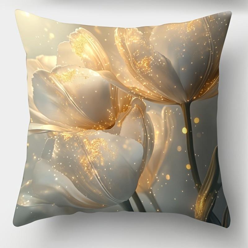 Glittering White Tulips Pillow Covers Pattern Cushion Cover Suitable For Sofa Bedroom Car Pillow Cover