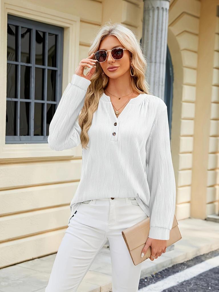 2024 Spring/Summer Women's Solid Color V-Neck Button Casual Shirt