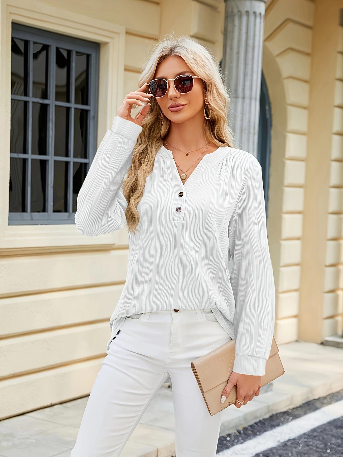 

2024 Spring/Summer Women s Solid Color V-Neck Button Casual Shirt Large белый
