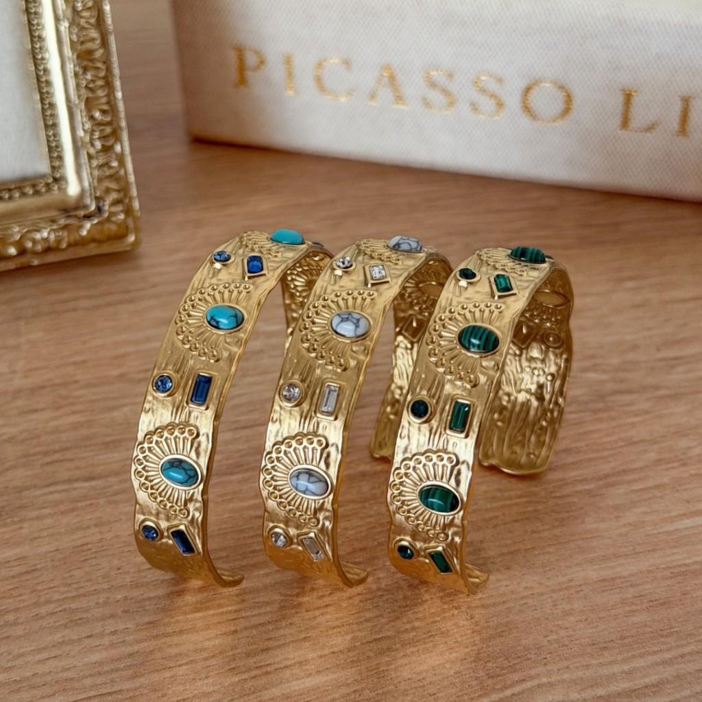 Vintage Geometric Turquoise Stainless Steel Adjustable Bracelet With Sparkling Inlay For Women