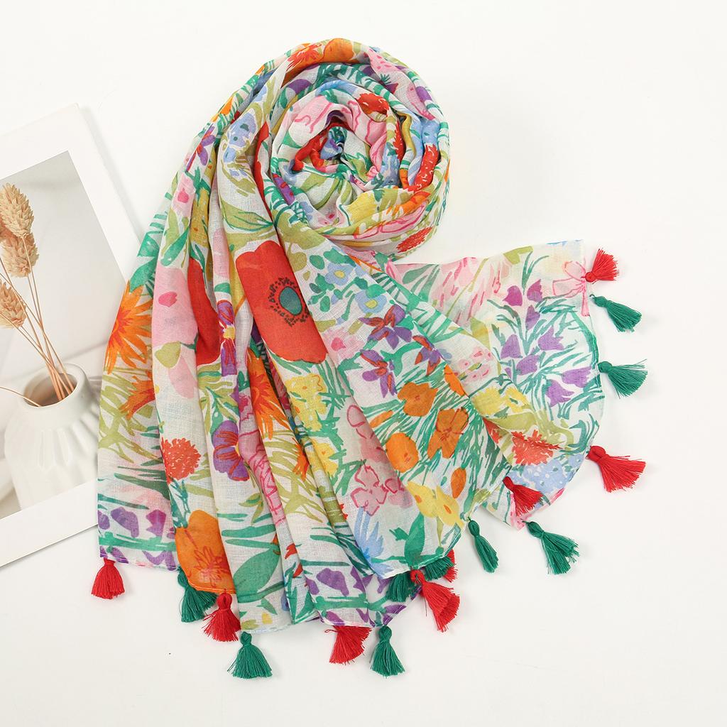 Hijab Women'S Floral Print Tassel Voile Shawl Muslim Long Scarf Islam Head Wrap Turbans Fashion Lightweight Soft Scarves