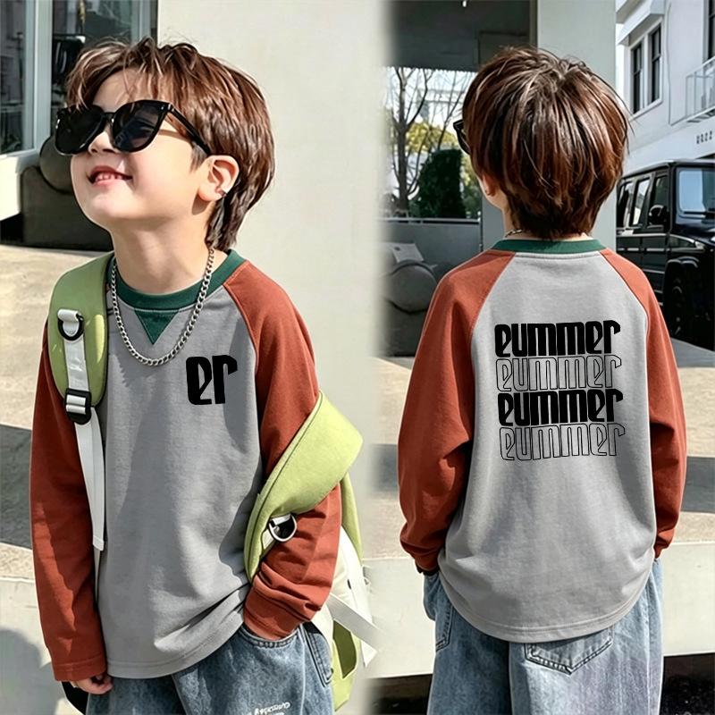 Boys' Retro Color Block Long Sleeve T-shirt - Spring/Autumn 2026, Medium/Large Sizes, Handsome Pure Cotton Base Layer Top