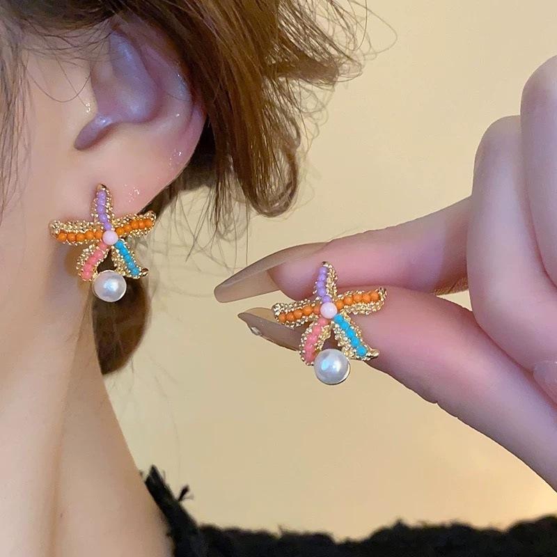 

Seaside vacation style color starfish stud earrings temperament temperament light luxury personality earrings 925 sterling silver needle