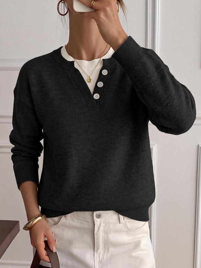 2026 Autumn/Winter Casual Knit V-neck Henley Collar Loose Sweater for Women