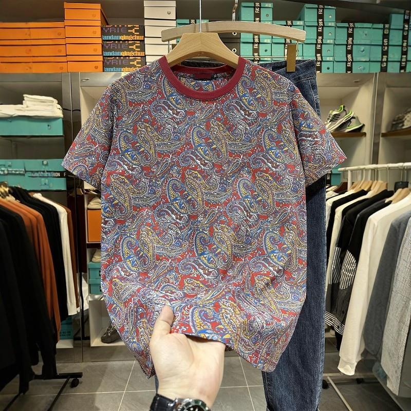 

Men s Vintage Paisley Jacquard Short Sleeve T-shirt Retro Ethnic Style Casual Loose Tops XXXL червоний