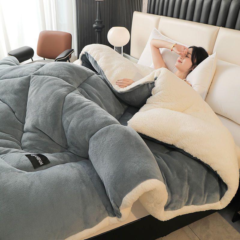 Warm Lambswool Winter Quilt & Plush Duvet Cover Set - Cozy Fleece Blanket for Dorms & Singles