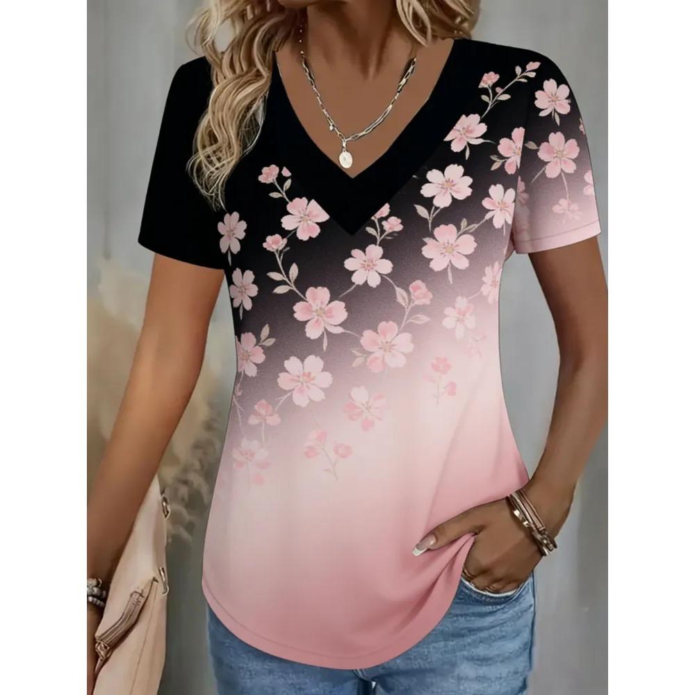Creative Colorful Pattern Summer Soft Fashionable Comfortable Women's T-Shirts Casual Breathable Loose V-Neck Short-Sleeve T-Shirt