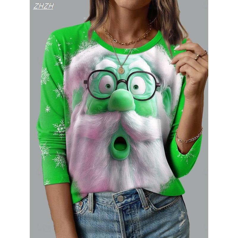 Women's Christmas Santa Print Long Sleeve, Festive Crew Neck Tops, Holiday Casual Wear, All Seasons Fashion Style