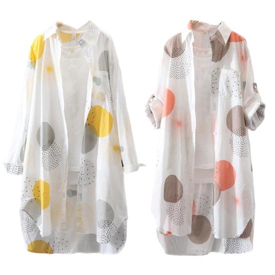 Primavera otoño mujer camisa estampado de moda manga larga dobladillo Irregular Anti sol solapa abrigo largo para uso diario