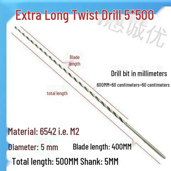 Extra Long 5060 Cm Twist Drill Bit, 500mm High-Speed Steel, Straight Shank for Deep Hole Drilling In Stainless Steel, Wood, 468 Industrial Series.
