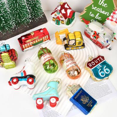 Novelty Simulation Glass Christmas Hanging Ornaments Excavator Camper Passport Xmas Tree Pendant Home Party Scene Decor Accessor