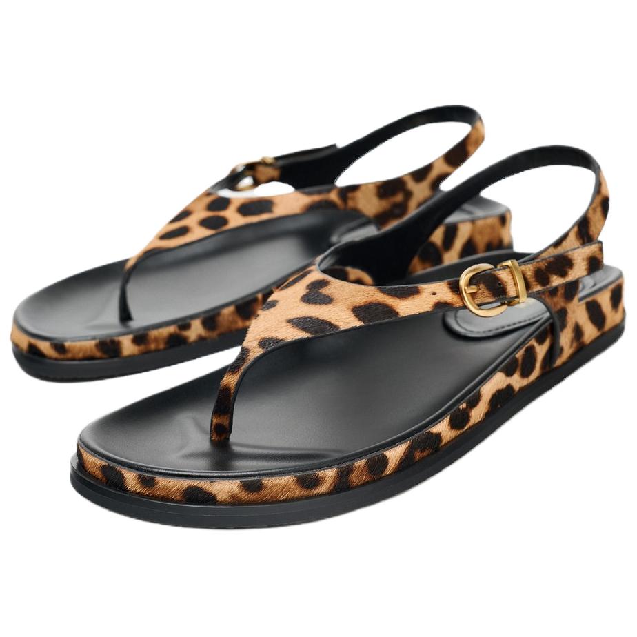 Zara Fashionable Leopard Print Faux Fur Leather Slide Sandals Women Sandals Brown 12625510195-37