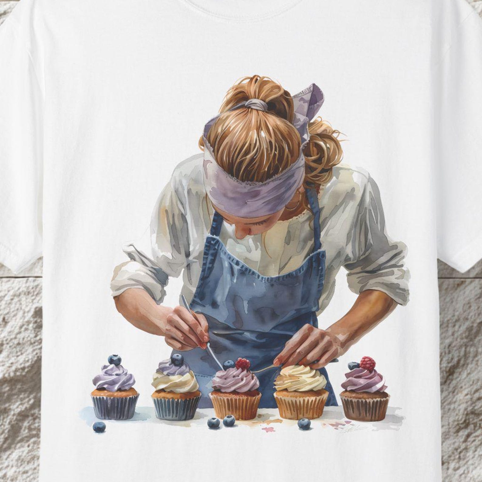 Cupcake Baker T-Shirt, Pastry Chef Watercolor Illustration Tee 2XL