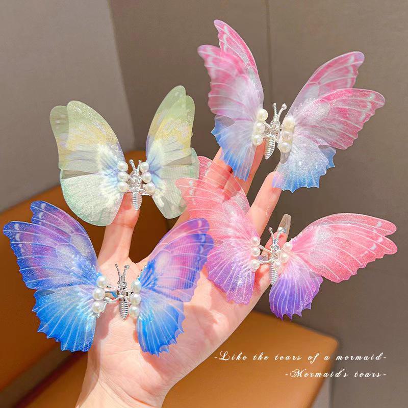 "Gradient Color Butterfly Hairpin with 3D Pearl - Children's Duckbill Clip Fabric Simulation, Ancient Style Hair Accessory"