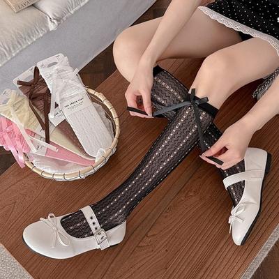 Bowknot Detail Lolita Socks Thin Fishnet Stockings Sweet JK Long Stocking  Daily Wear