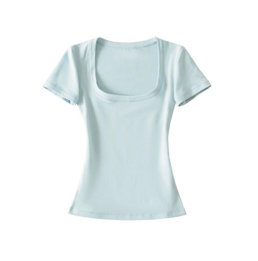 U-neck ant waist short-sleeved T-shirt women's summer new American Spice Girl style solid color slim-fitting bottoming top