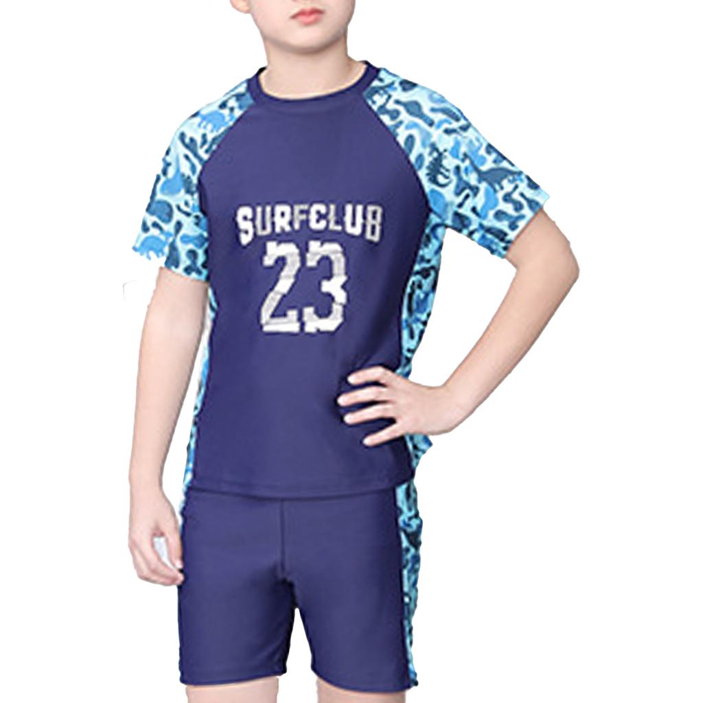 Boys Swimwear Set Short Sleeve Rash Guard Top Matching Trunks Hat Beach Swim Outfit