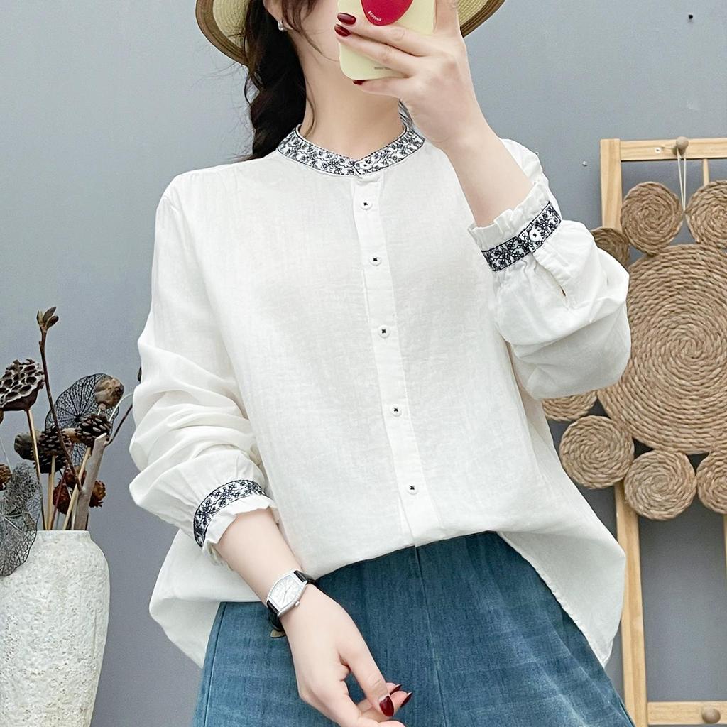 Women's Long Sleeve Stand Collar Embroidered Cotton Gauze Shirt - Ethnic Style, New Chinese Trend