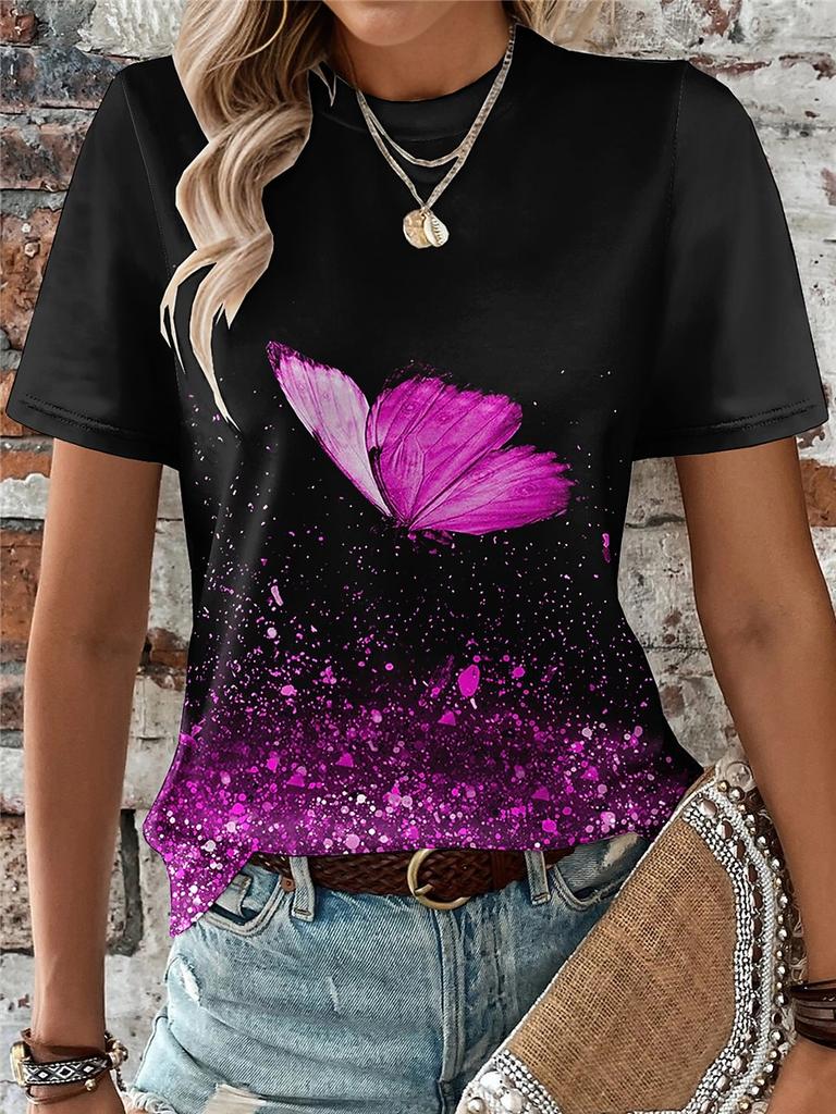 Butterfly & Glitter Gradient Print Casual T Shirt Crew Neck Short Sleeve Tee For Women Summer Holiday Travel And Daily Outfits