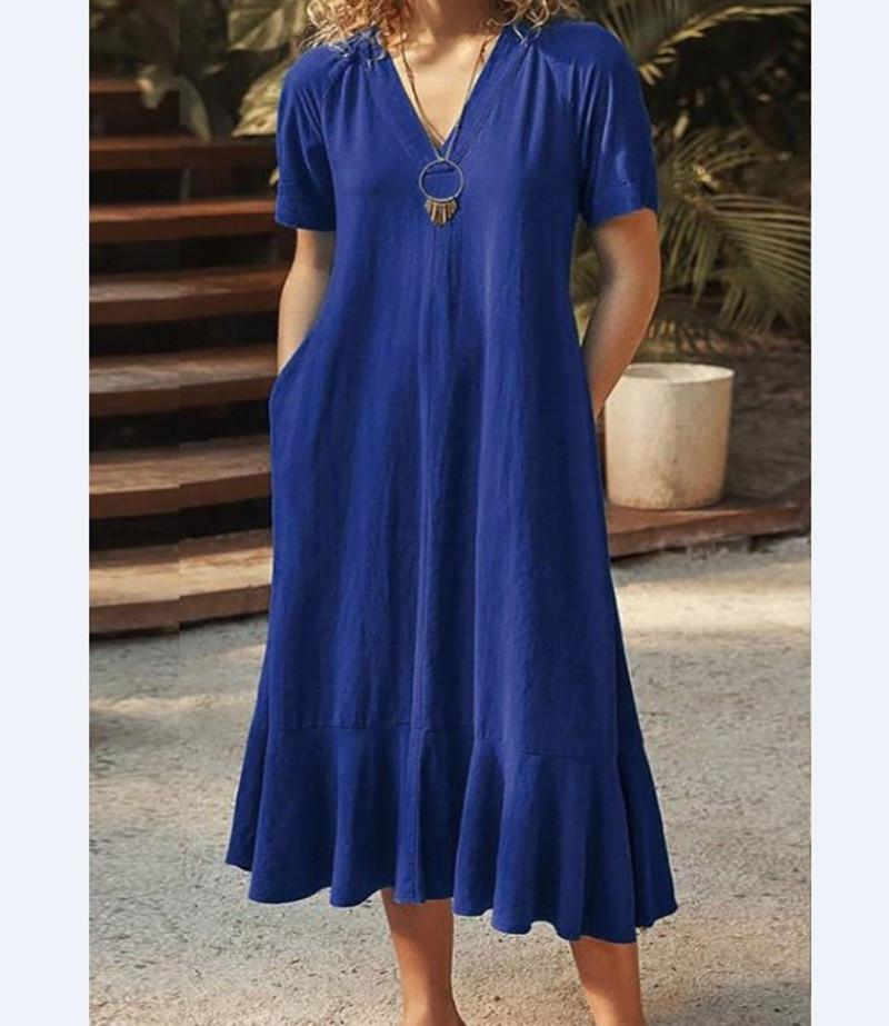 Rochie de vară de damă, culoare solidă, cu decolteu în V, cu mânecă scurtă, rochii lungi în linie A