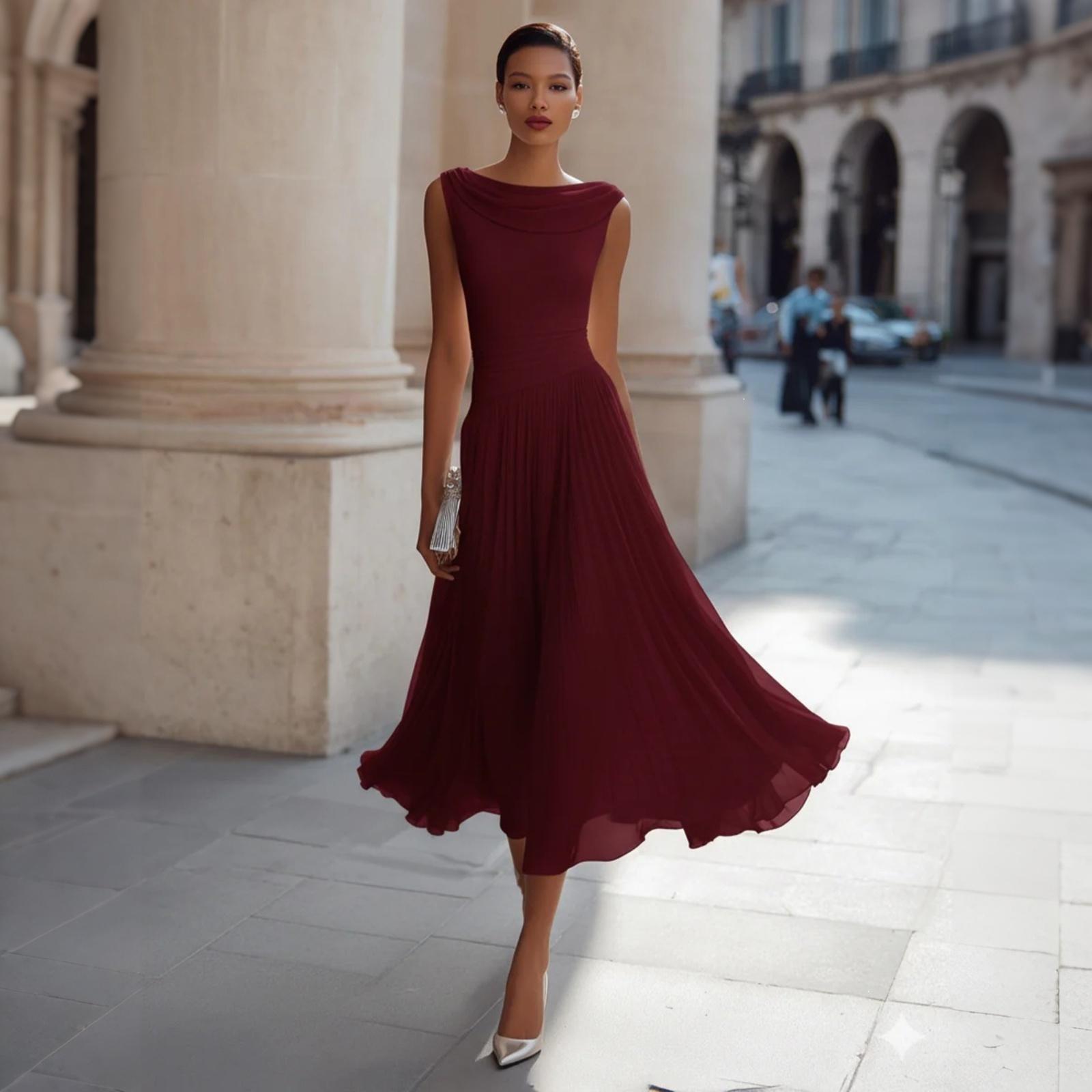 Ärmelloses Damen-Midi-Kleid mit elegantem Wasserfallausschnitt, einfarbig, fließend, A-Linie, Urlaubs-Sonnenkleid für Sommer und Freizeit S weinrot