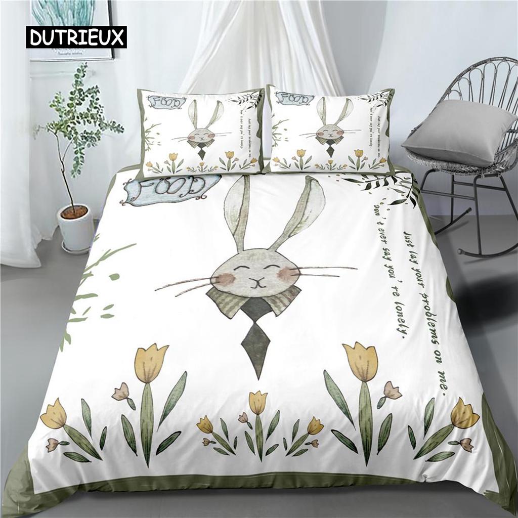 Zestaw Poszwy na Kołdrę Królik Biały Zajączek Wielkanocny Zestaw Pościeli Twin Poliester Motyw Zwierzęcy Cartton Queen King Pokrowiec na Kołdrę dla Dzieci Dziewczynek