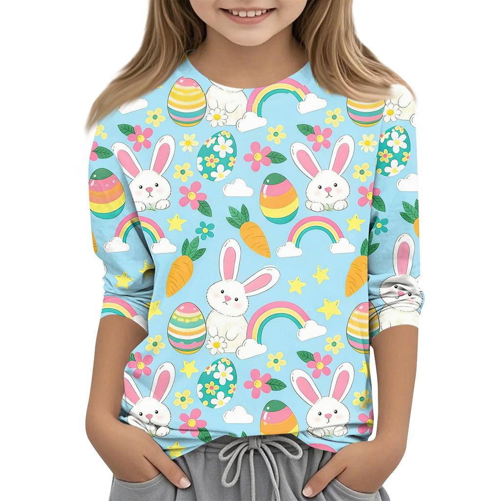 Children's Seven Quarter Sleeve Easter Print Round Neck Print Casual Top