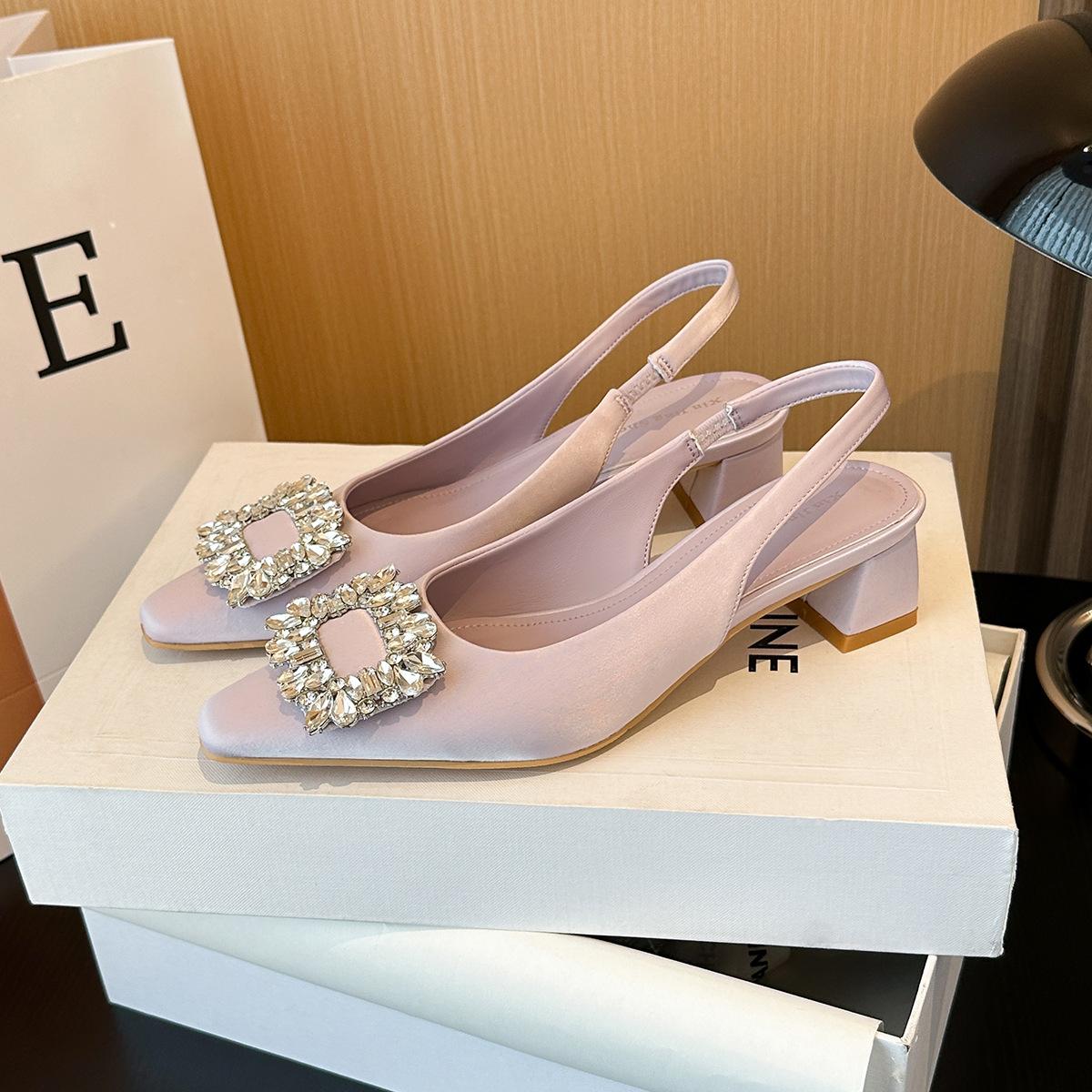 

579-3 French thick heel baotou rhinestone single shoes female new fairy wind single shoes square buckle back strap medium heel women s shoes 40 фиолетовый