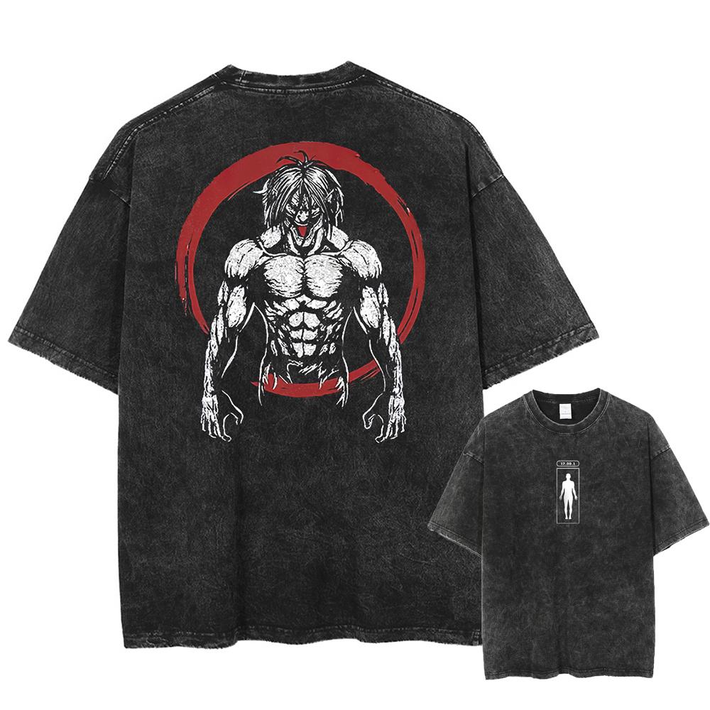 Anime Eren Yeager Muster Gewaschenes T-Shirt, Herren Comic Locker Geschnittenes T-Shirt, Gewaschene Baumwolle Trendige Marke Herren T-Shirt