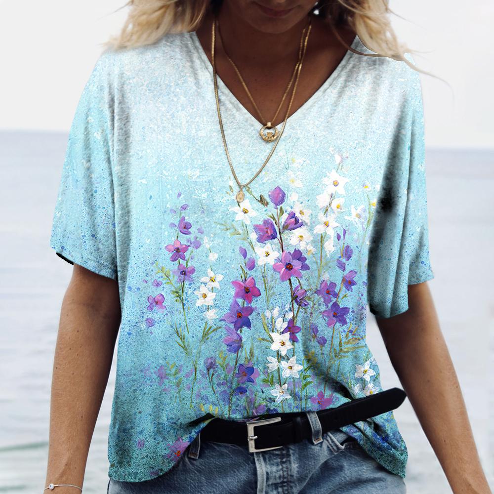 

Женская футболка с V-образным вырезом, с коротким рукавом, летняя, для улицы, повседневная, топы, модные узоры с цветочным принтом XL